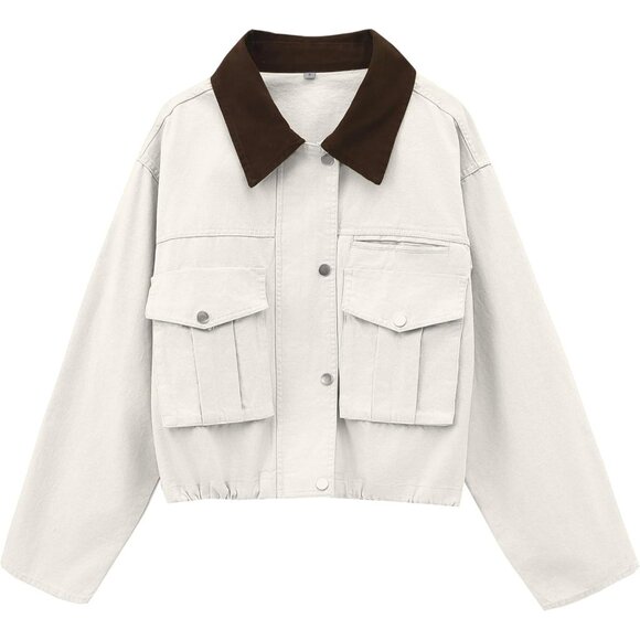 Jackets & Blazers - Women's Cream Cropped Contrast Collar Utility Coat Cargo Jacket Imported